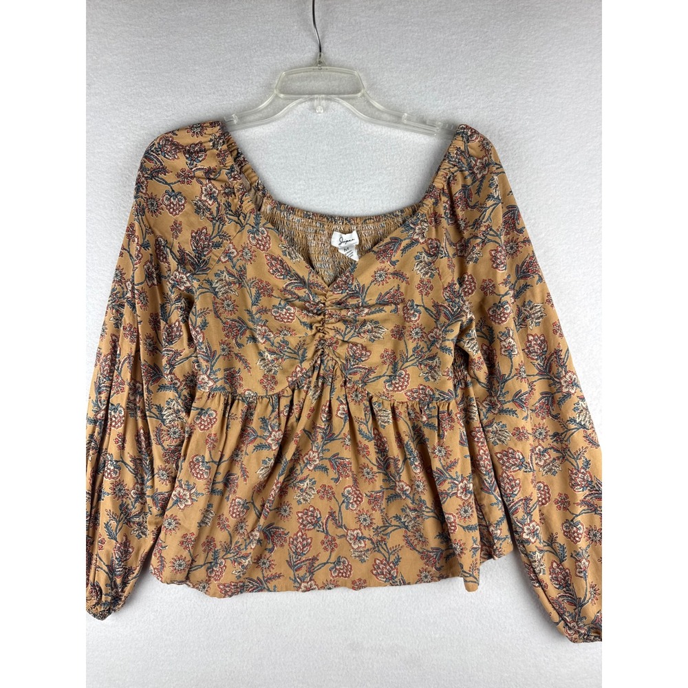 Japna Womens Floral Peplum Blouse Long Sleeve Ruched Smocked Back Top Mustard M